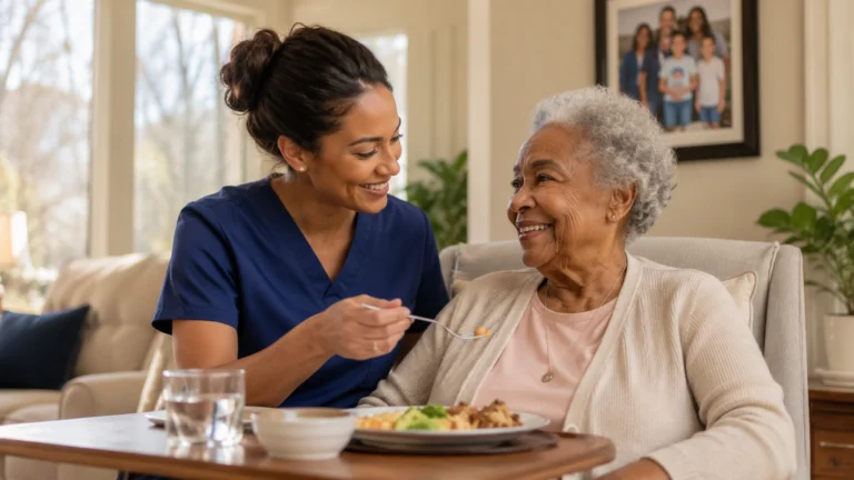 Professional caregiver providing senior care services to elderly woman at home in Atlanta Georgia